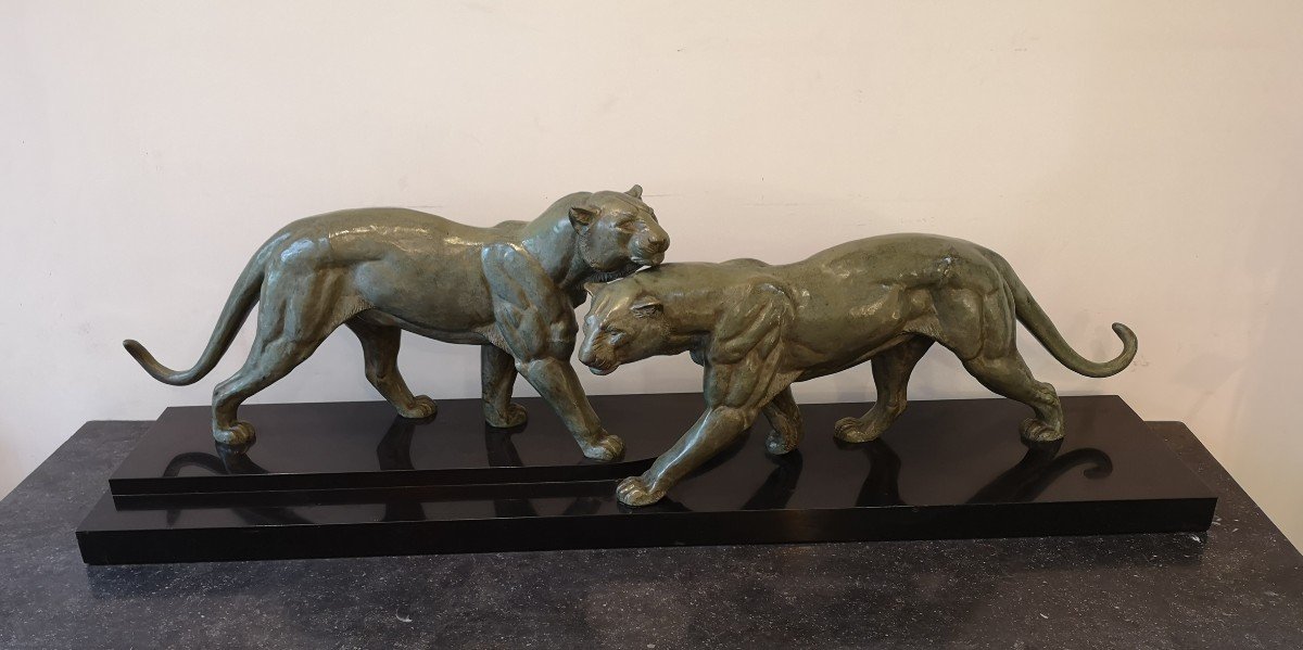 Bronze Panthers, Irénée Rochard, L: 115.5 Cm-photo-3