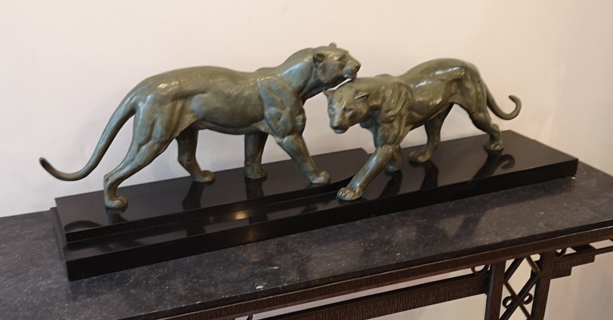 Bronze Panthers, Irénée Rochard, L: 115.5 Cm-photo-2