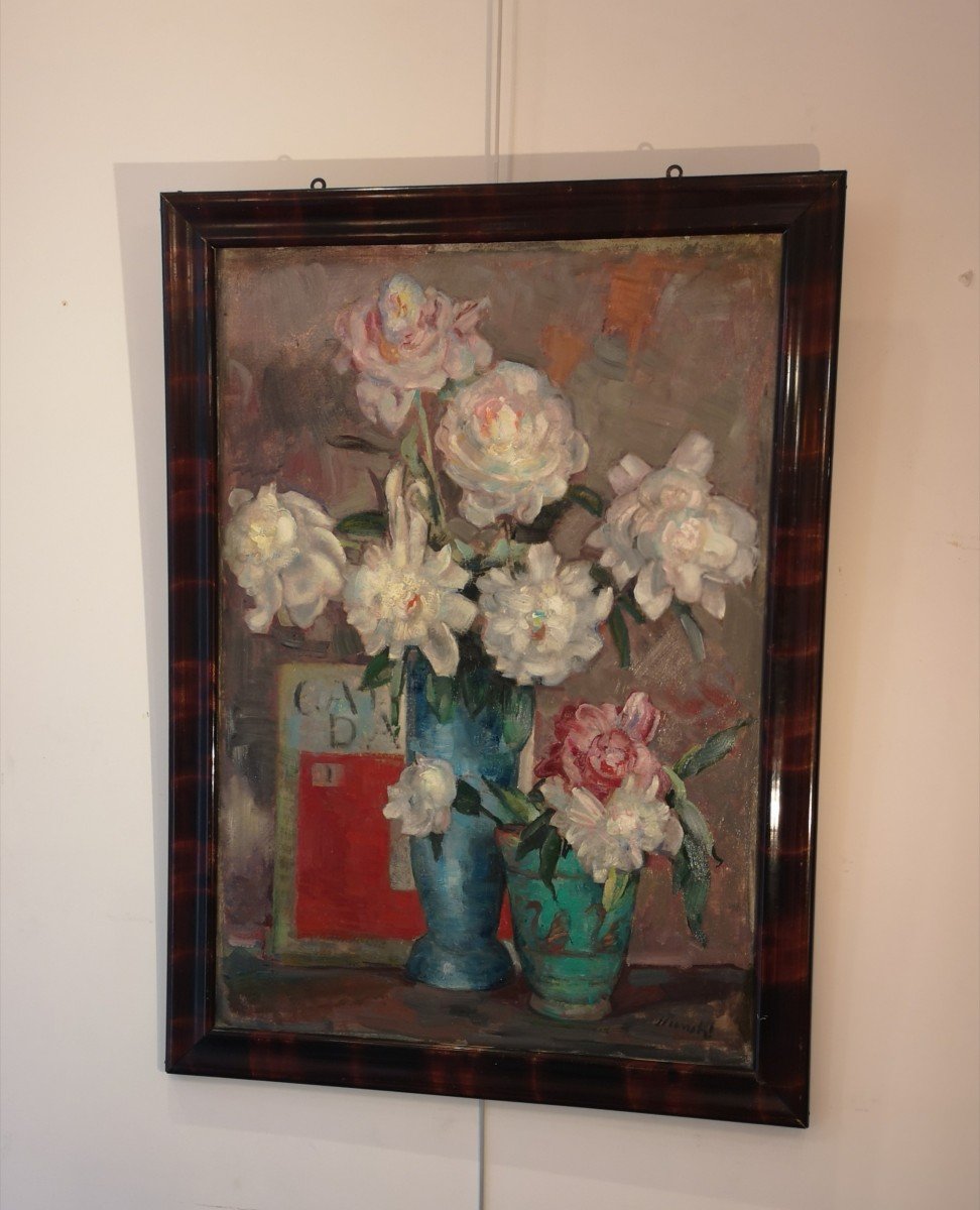 Nature Morte Aux Pivoines, Huile Sur Carton De Marian Stronski