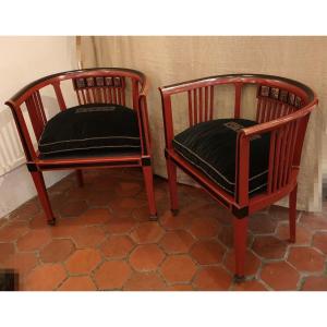 Paire De Fauteuils Art Déco 1920 En Bois Laqué Rouge Et Noir