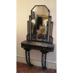 Art Deco Wrought Iron Set, Console And Mirror 1930