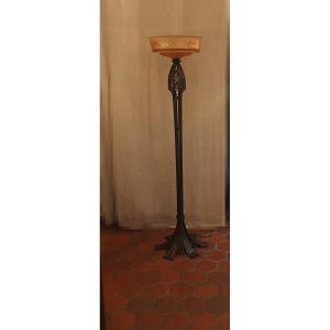 Lampadaire Art Déco 1930 En Fer Forgé Avec Sa Vasque Muller