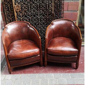 Paire De Fauteuils Art Déco 1930 en cuir