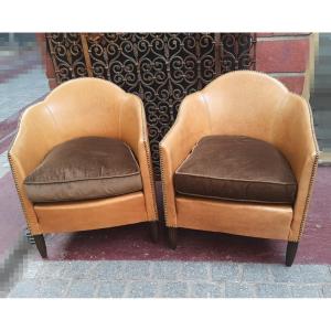 Paire De Fauteuils En Cuir Art Déco 1930