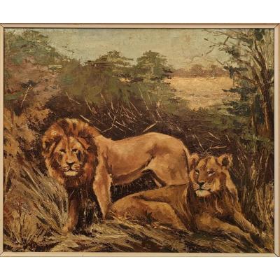 Oil On Canvas - Lion And Lioness