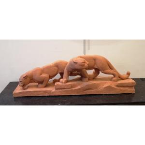 Couple Of Panthers In Terracotta, Riolo Twentieth