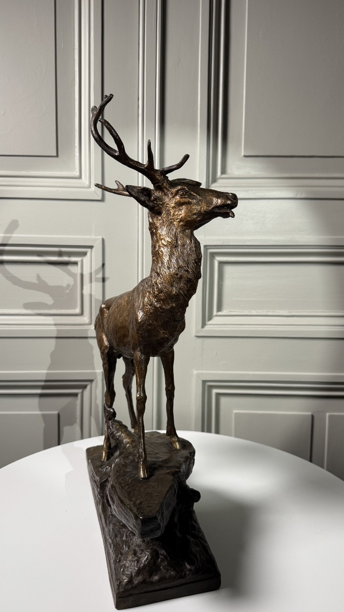 Edouard Drouot - Large Bronze Sculpture, Stag In Rut, Late 19th Century-photo-3