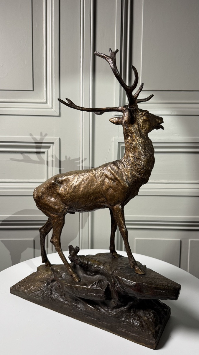 Edouard Drouot - Large Bronze Sculpture, Stag In Rut, Late 19th Century-photo-4
