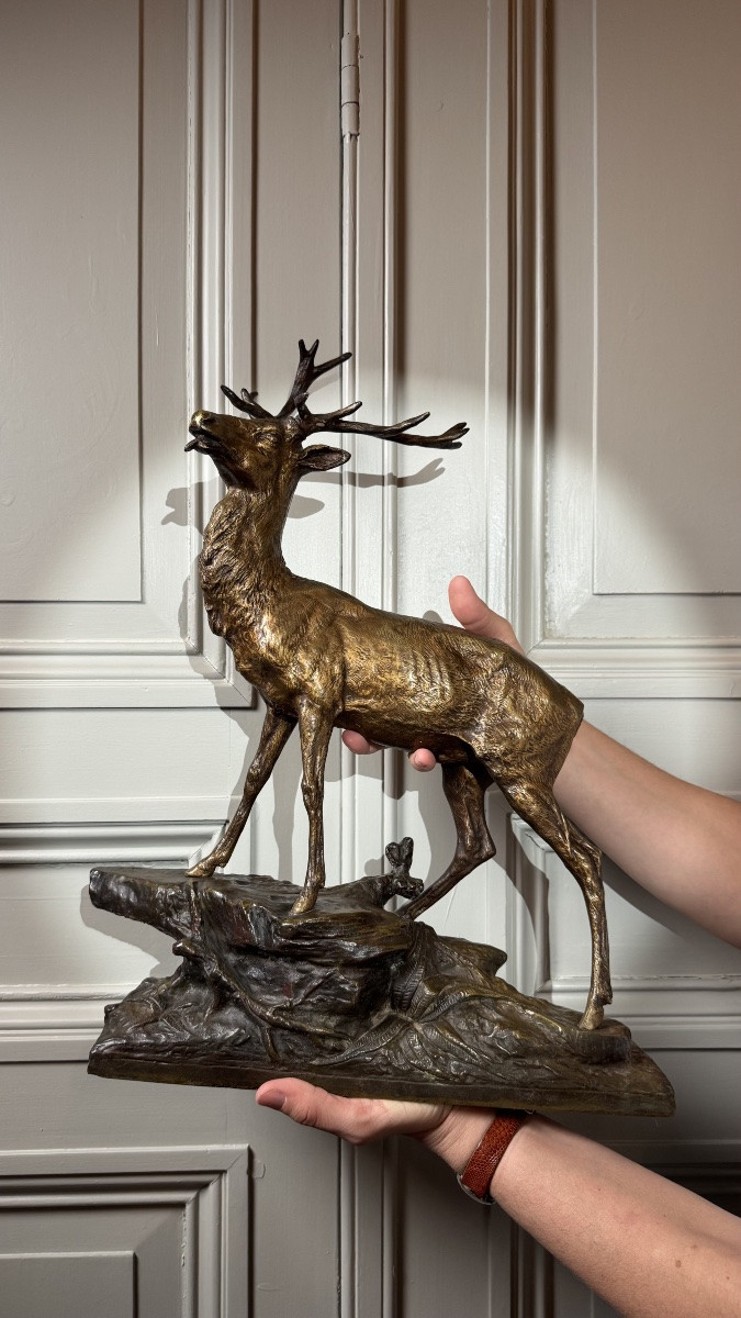 Edouard Drouot - Large Bronze Sculpture, Stag In Rut, Late 19th Century-photo-1