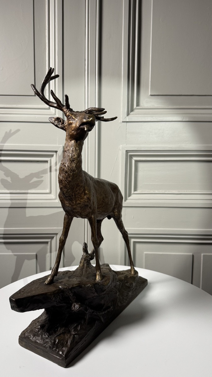 Edouard Drouot - Large Bronze Sculpture, Stag In Rut, Late 19th Century-photo-2