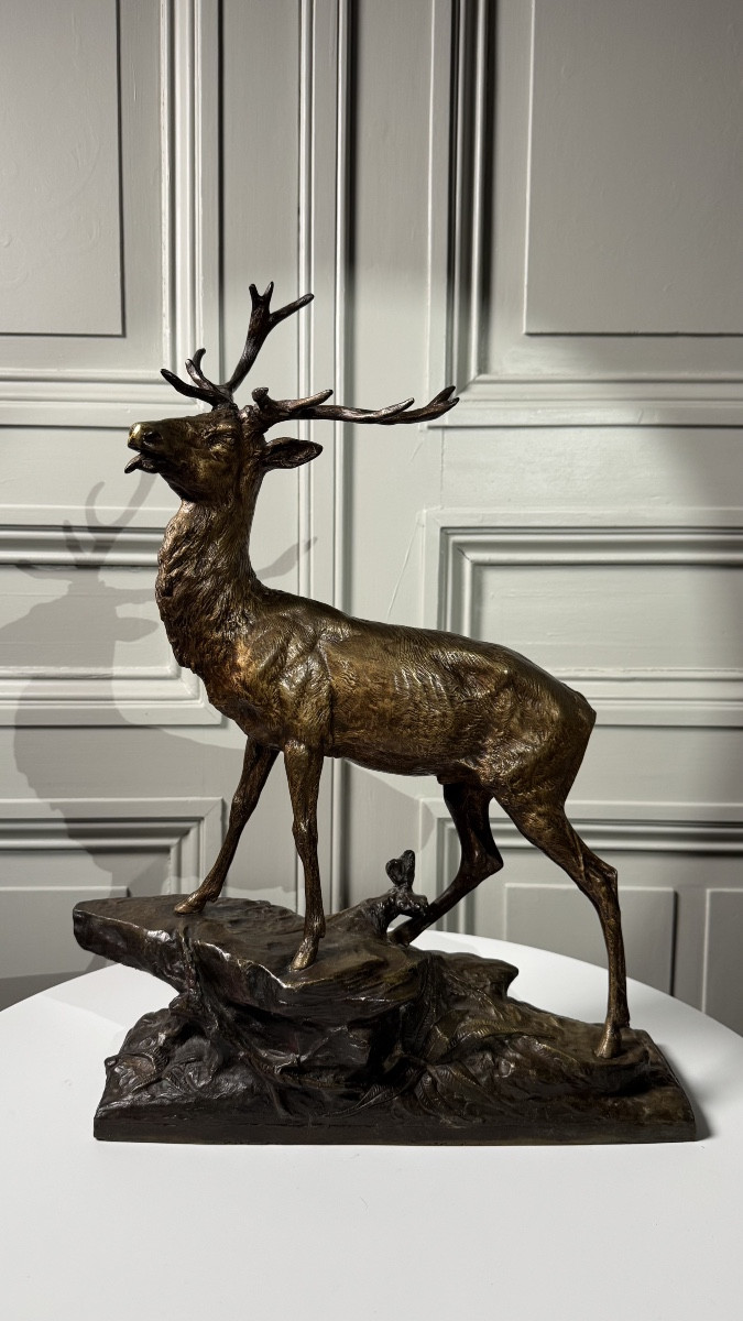 Edouard Drouot - Large Bronze Sculpture, Stag In Rut, Late 19th Century