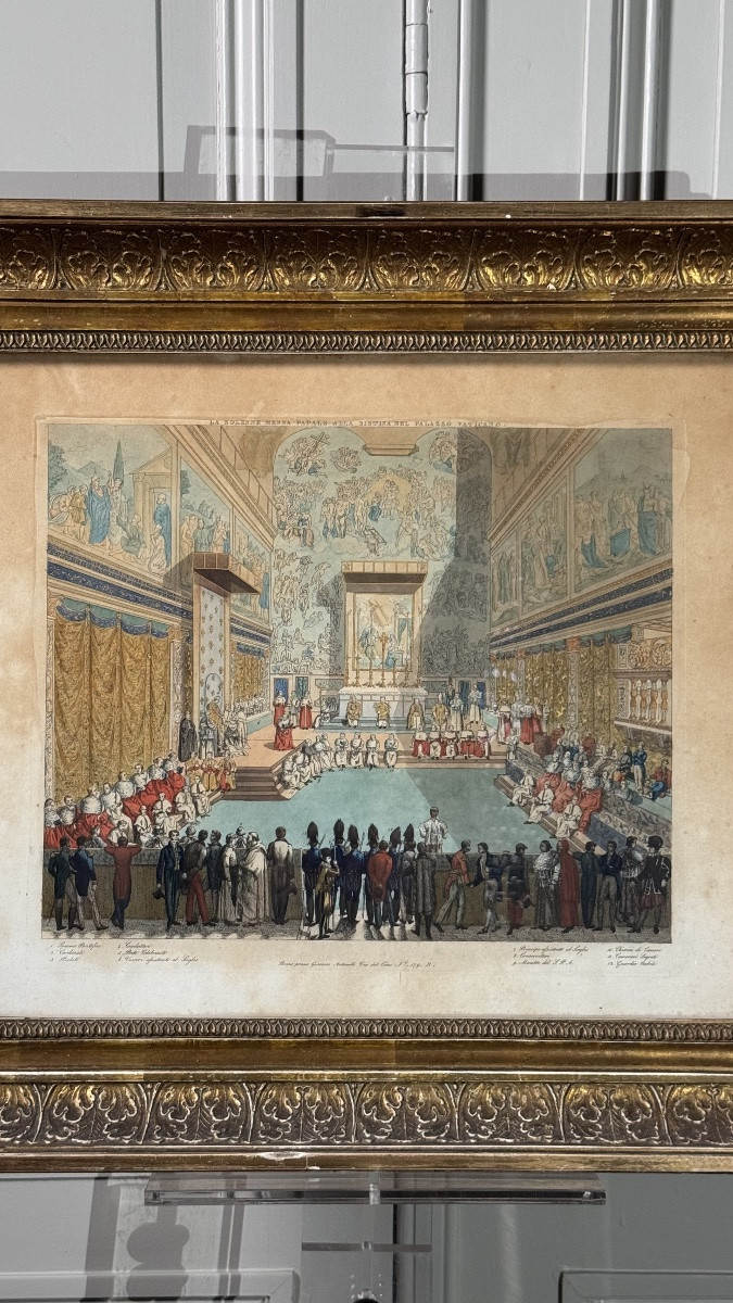 Hand-coloured Engraving – Papal Ceremony In The Sistine Chapel – Rome, Circa 1820-1850-photo-3