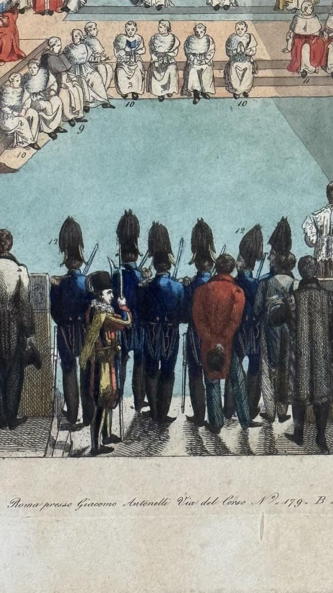 Hand-coloured Engraving – Papal Ceremony In The Sistine Chapel – Rome, Circa 1820-1850-photo-4