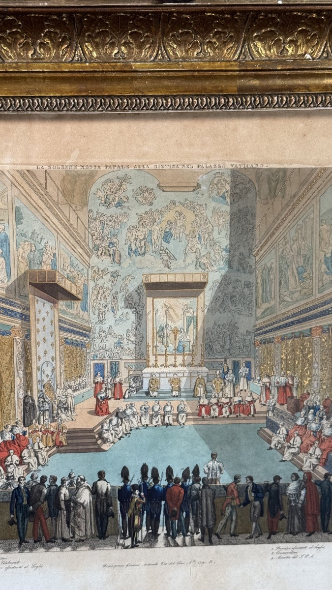 Hand-coloured Engraving – Papal Ceremony In The Sistine Chapel – Rome, Circa 1820-1850-photo-7