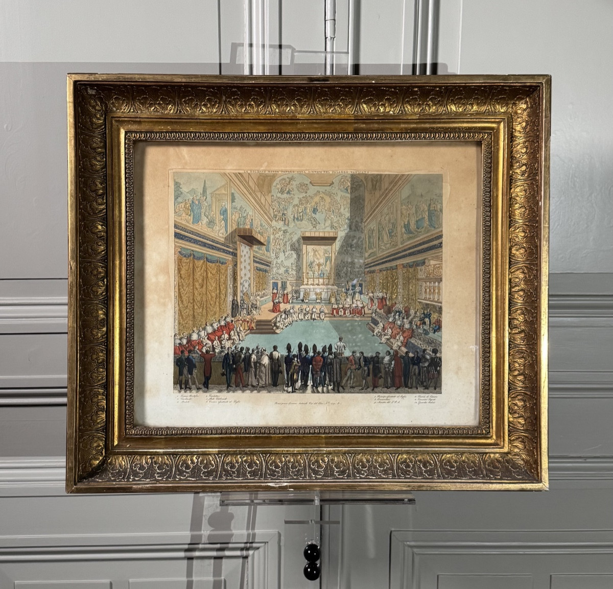 Hand-coloured Engraving – Papal Ceremony In The Sistine Chapel – Rome, Circa 1820-1850