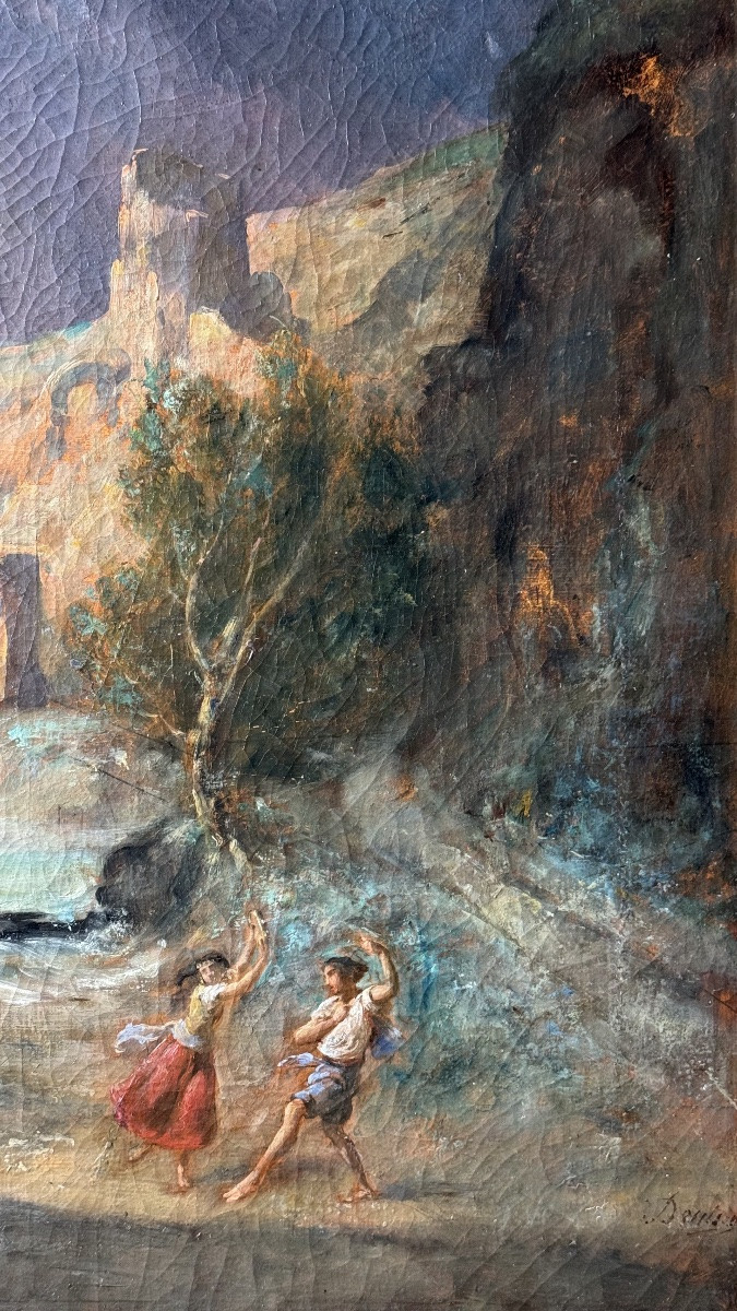 Huile sur toile - danseurs sous l'orage - école du XIXe-photo-3