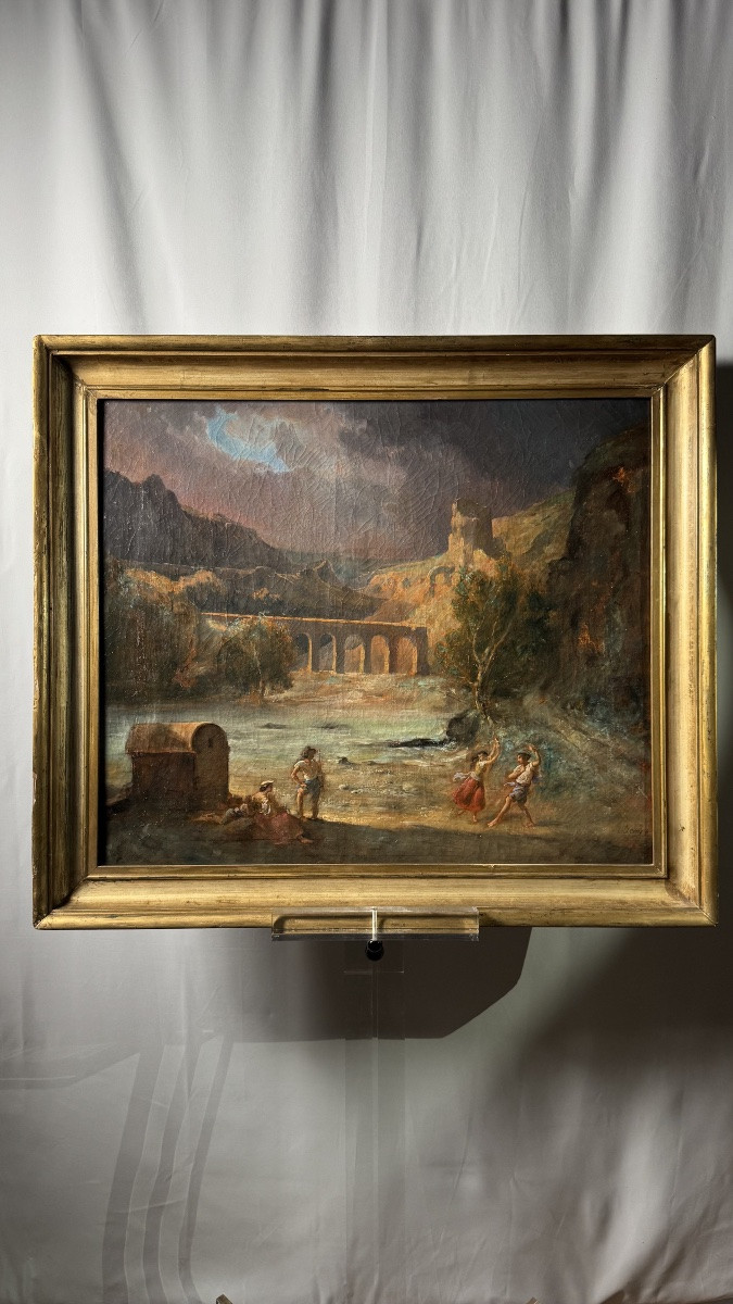 Huile sur toile - danseurs sous l'orage - école du XIXe-photo-1