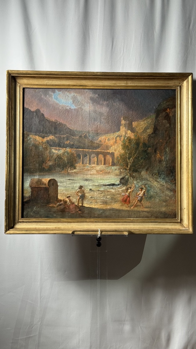 Huile sur toile - danseurs sous l'orage - école du XIXe-photo-3