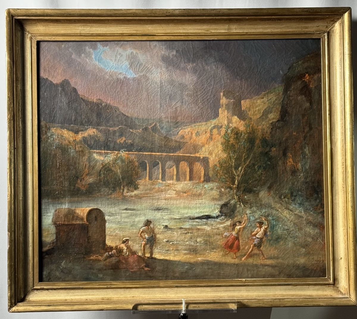 Huile sur toile - danseurs sous l'orage - école du XIXe