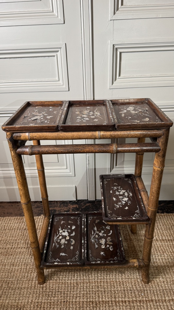 Bamboo Occasional Shelf Or Table With Mother-of-pearl Inlaid Panels – Japonist Taste, 19th Cent-photo-2