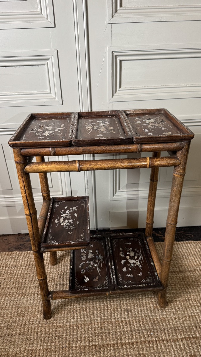 Bamboo Occasional Shelf Or Table With Mother-of-pearl Inlaid Panels – Japonist Taste, 19th Cent-photo-3