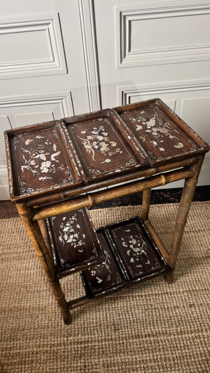 Bamboo Occasional Shelf Or Table With Mother-of-pearl Inlaid Panels – Japonist Taste, 19th Cent-photo-4