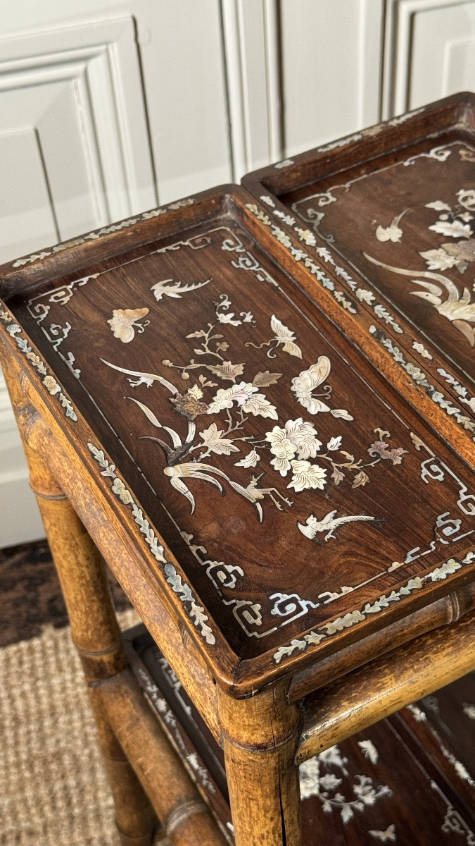 Bamboo Occasional Shelf Or Table With Mother-of-pearl Inlaid Panels – Japonist Taste, 19th Cent-photo-2