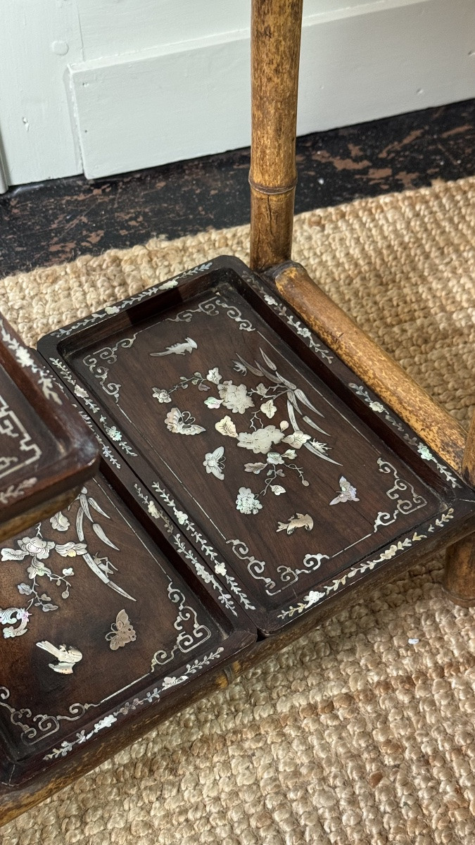 Bamboo Occasional Shelf Or Table With Mother-of-pearl Inlaid Panels – Japonist Taste, 19th Cent-photo-4