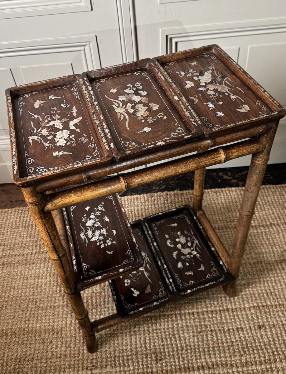 Bamboo Occasional Shelf Or Table With Mother-of-pearl Inlaid Panels – Japonist Taste, 19th Cent