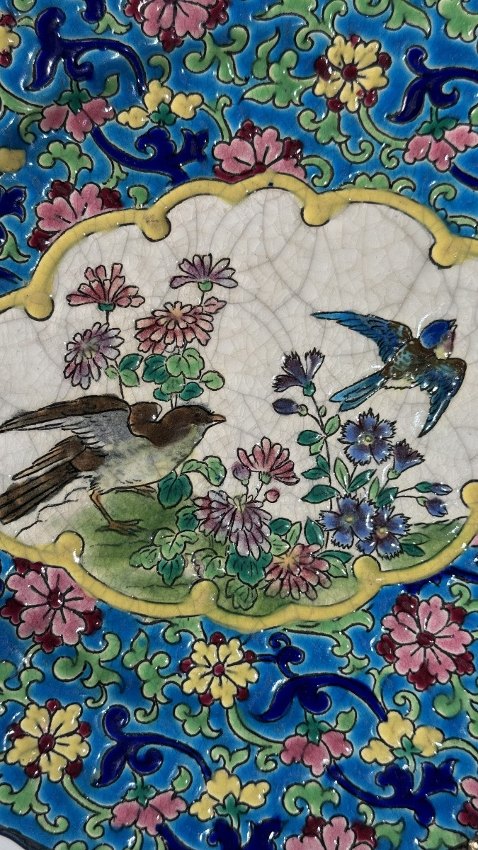 Decorative Longwy Enamel Plate With Birds And Floral Motif-photo-2