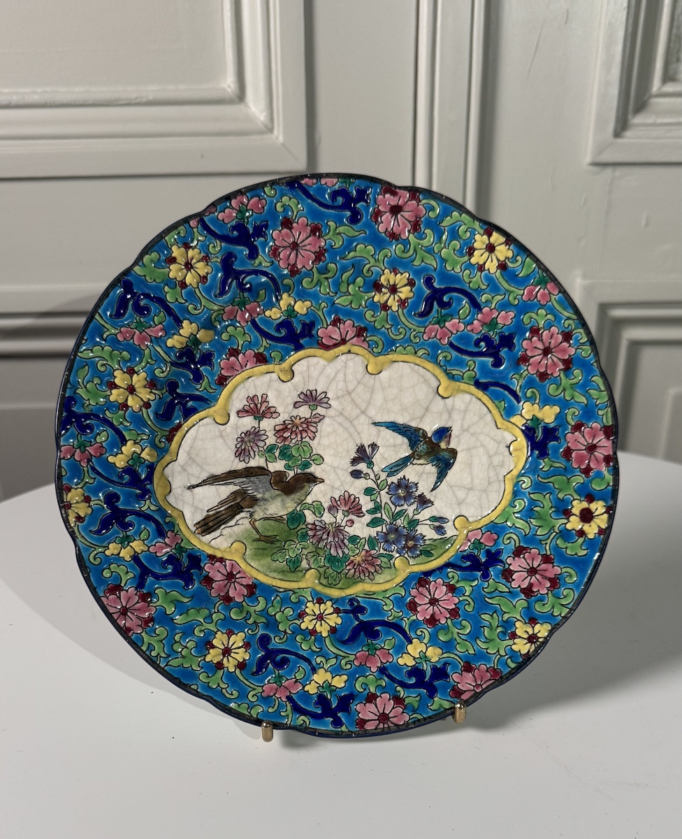 Decorative Longwy Enamel Plate With Birds And Floral Motif