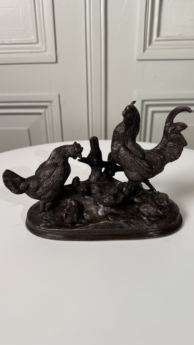 Auguste Cain (1821–1894)  Bronze Group: Rooster, Hen And Chicks-photo-2