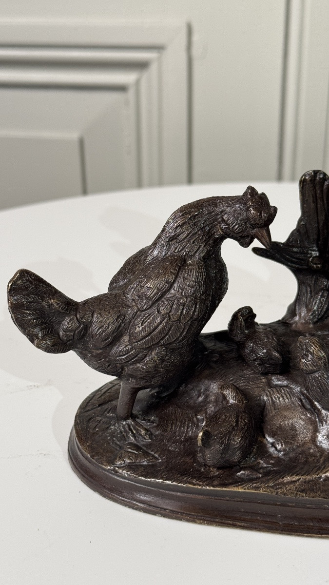 Auguste Cain (1821–1894)  Bronze Group: Rooster, Hen And Chicks-photo-3