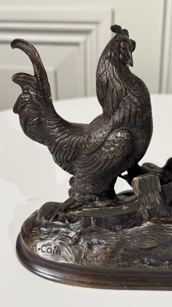 Auguste Cain (1821–1894)  Bronze Group: Rooster, Hen And Chicks-photo-2