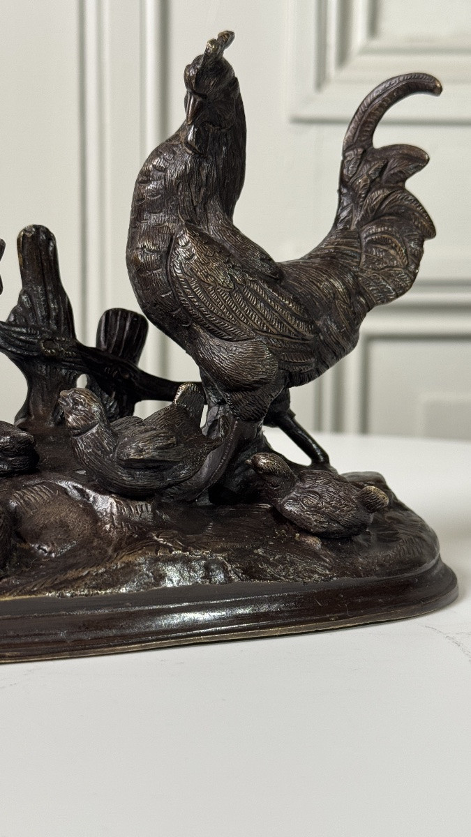 Auguste Cain (1821–1894)  Bronze Group: Rooster, Hen And Chicks-photo-6