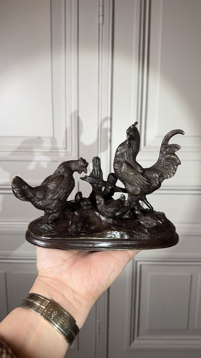 Auguste Cain (1821–1894)  Bronze Group: Rooster, Hen And Chicks-photo-7