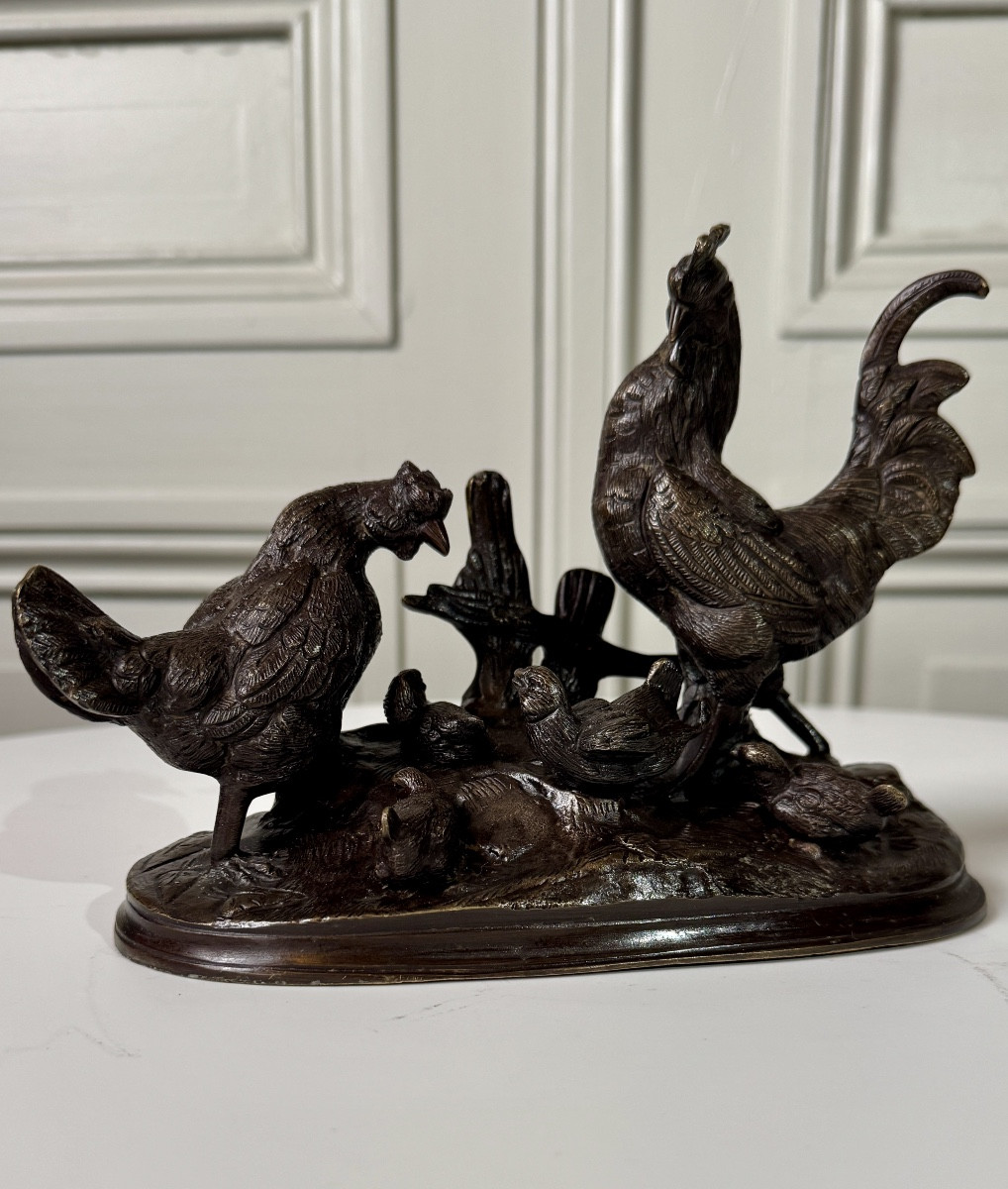 Auguste Cain (1821–1894)  Bronze Group: Rooster, Hen And Chicks