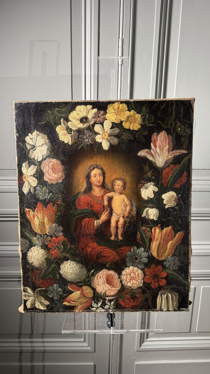 Virgin And Child In A Garland Of Flowers, Antwerp School, 17th Century-photo-2