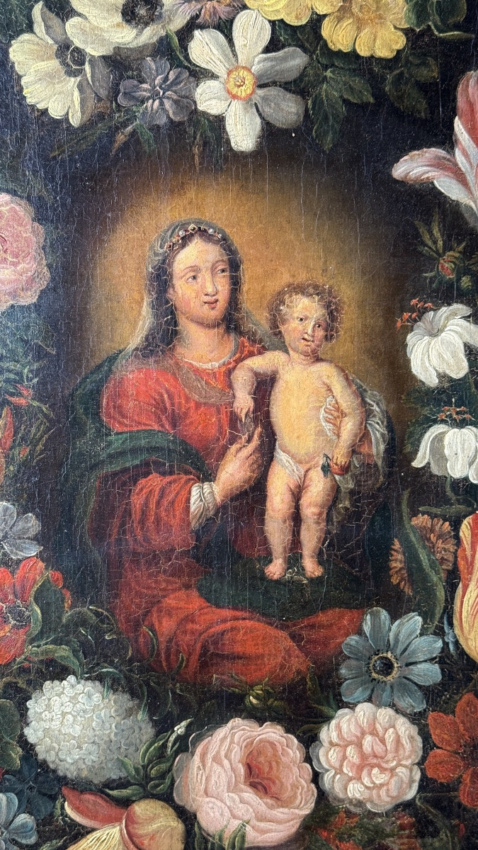 Virgin And Child In A Garland Of Flowers, Antwerp School, 17th Century-photo-1