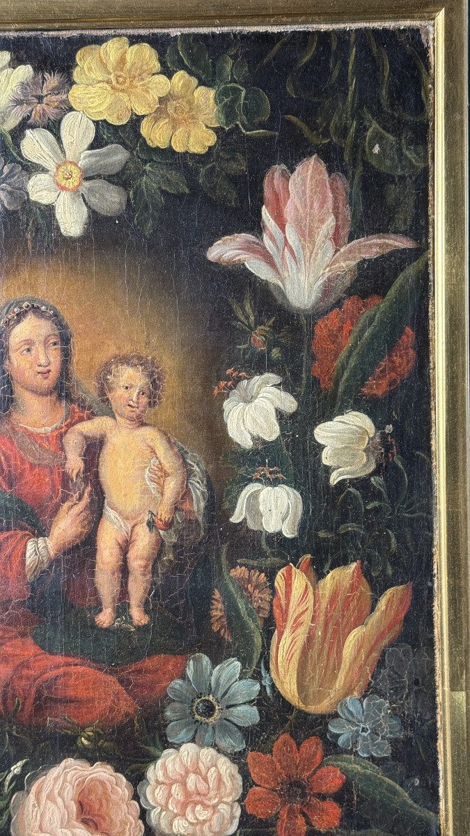 Virgin And Child In A Garland Of Flowers, Antwerp School, 17th Century-photo-3