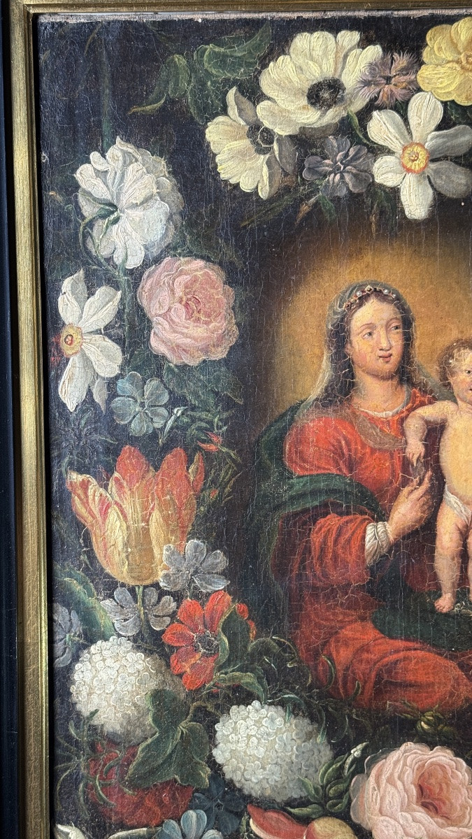 Virgin And Child In A Garland Of Flowers, Antwerp School, 17th Century-photo-4