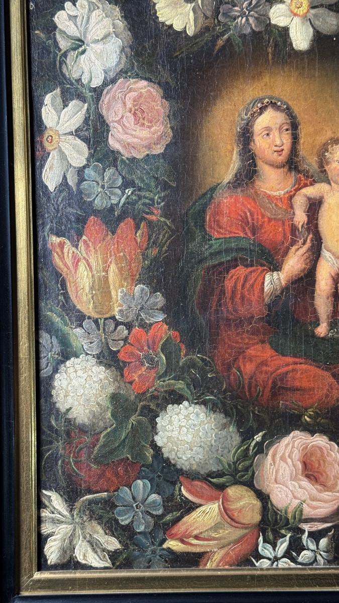 Virgin And Child In A Garland Of Flowers, Antwerp School, 17th Century-photo-5