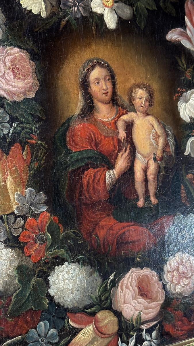 Virgin And Child In A Garland Of Flowers, Antwerp School, 17th Century-photo-7