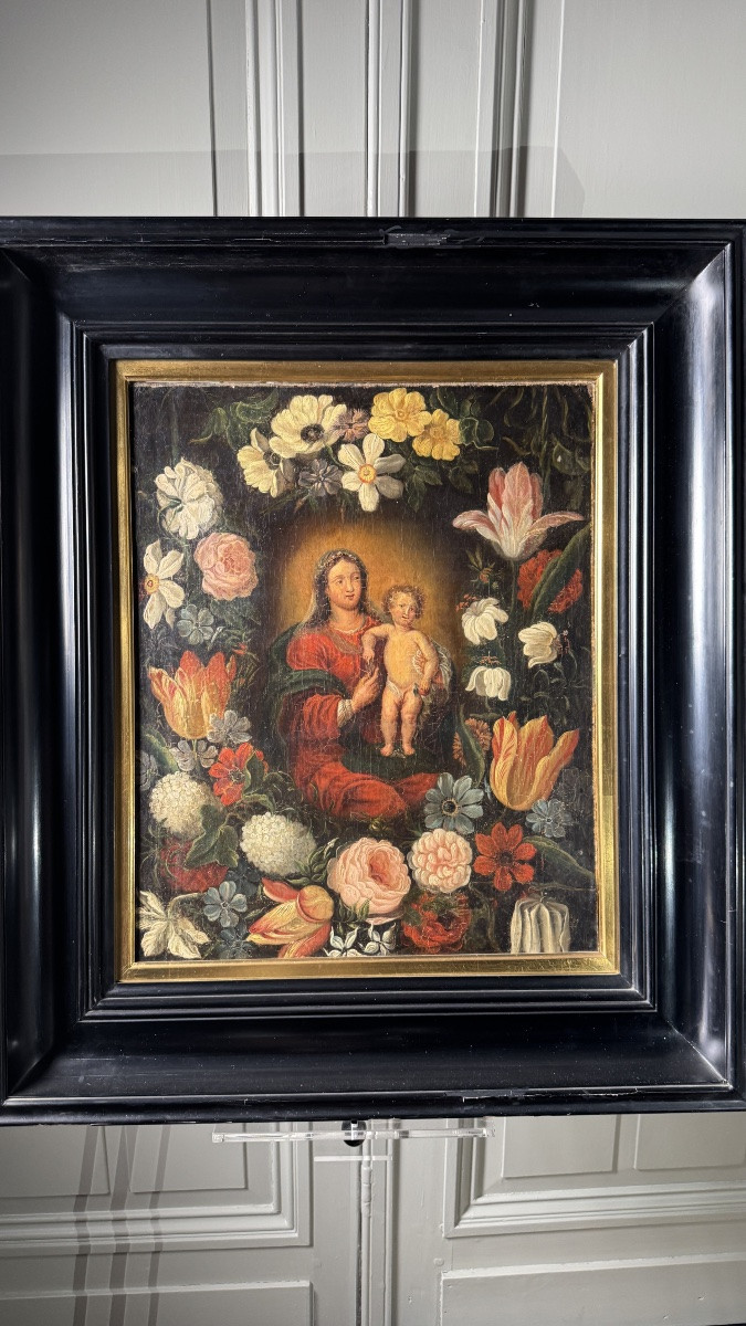 Virgin And Child In A Garland Of Flowers, Antwerp School, 17th Century-photo-8