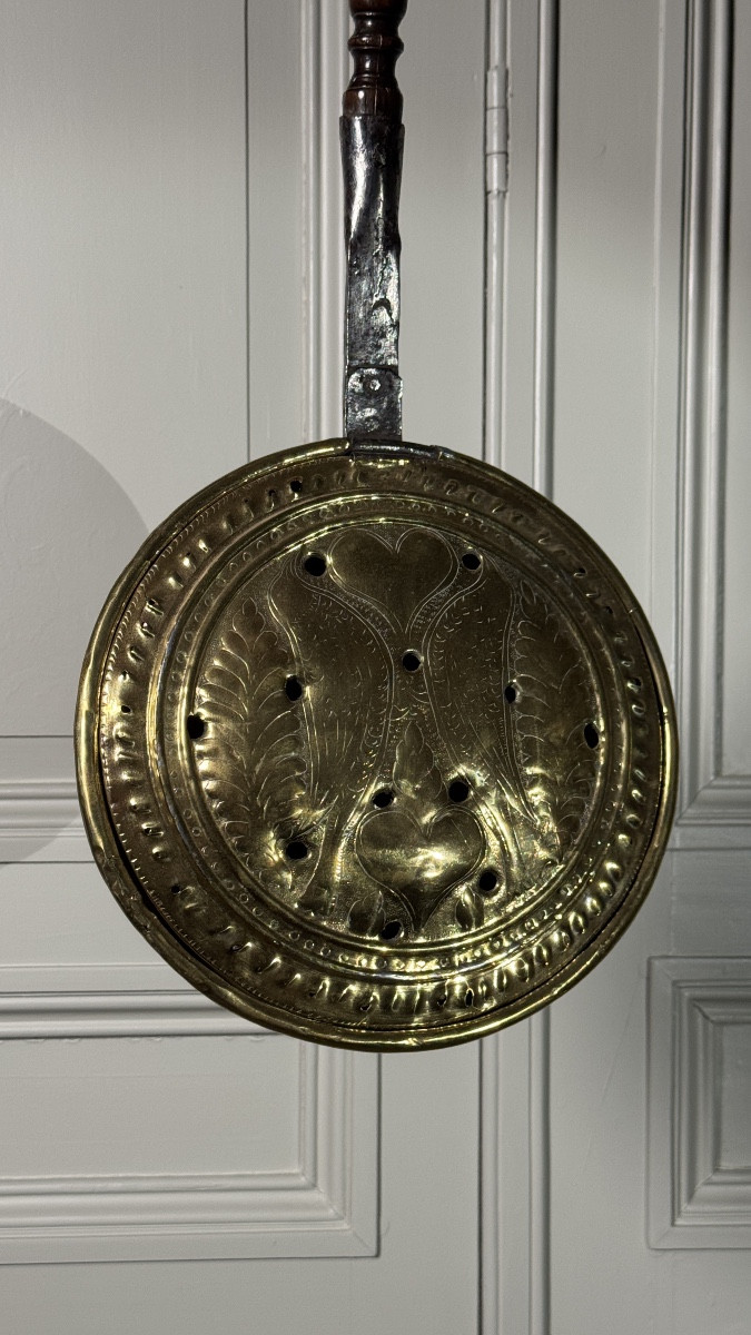 18th Century Repoussé Brass Bed Warmer With Heart Motifs, France