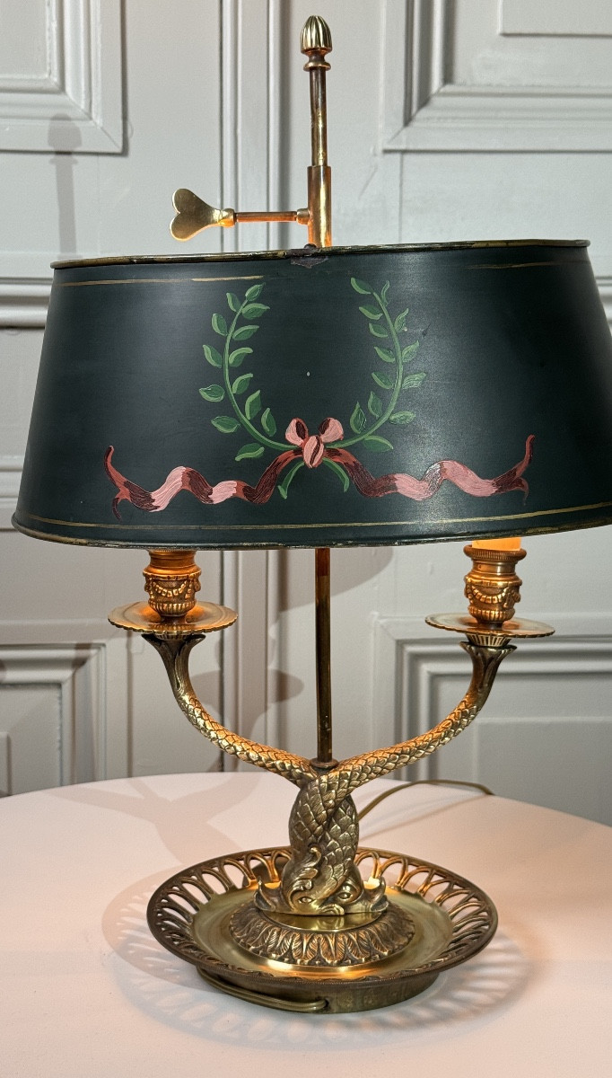 Lampe bouillotte en bronze, style Empire – abat-jour peint, XXe siècle