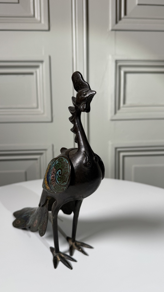 Brûle-parfum japonais en forme de grue, bronze et cloisonné, époque Meiji-photo-1