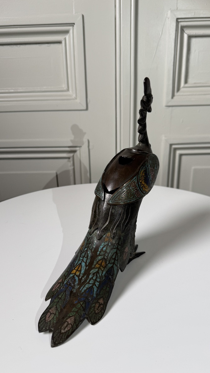 Brûle-parfum japonais en forme de grue, bronze et cloisonné, époque Meiji-photo-2