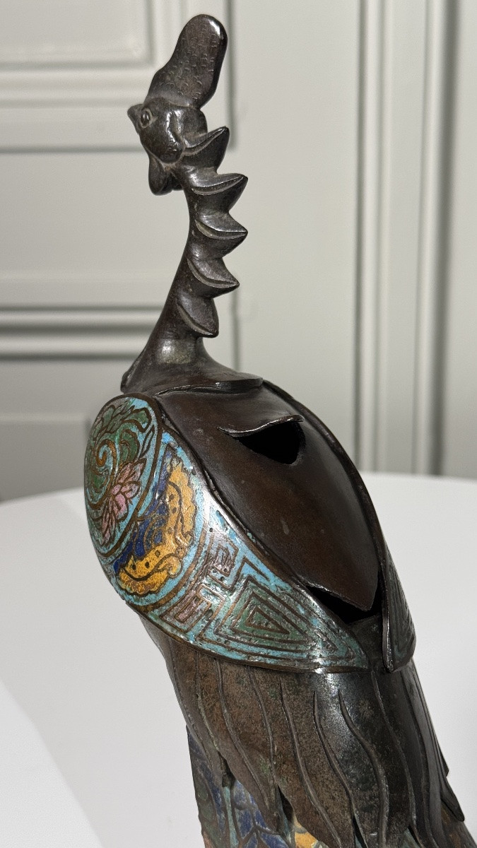 Brûle-parfum japonais en forme de grue, bronze et cloisonné, époque Meiji-photo-3