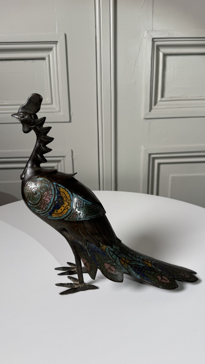 Brûle-parfum japonais en forme de grue, bronze et cloisonné, époque Meiji-photo-4